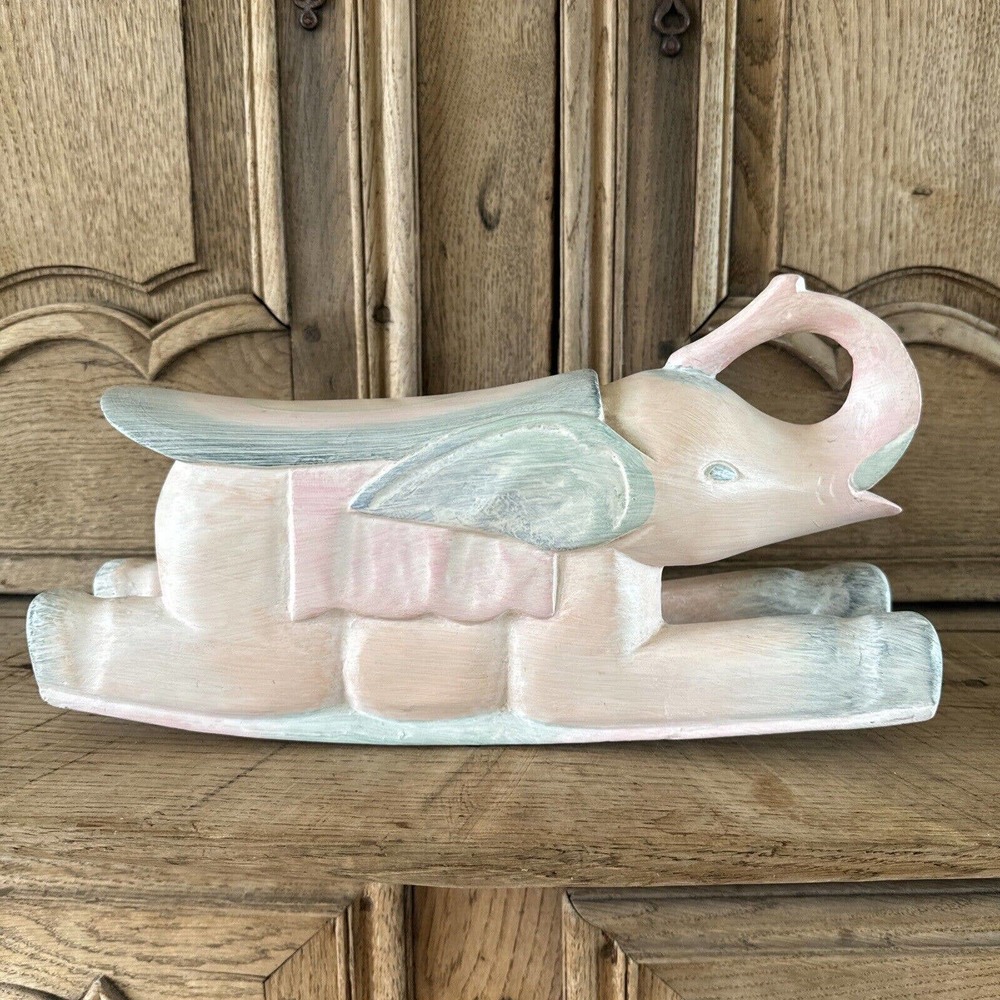 Wooden Rocking Elephant Carved Pink Blue Whimsical Nursery Decor